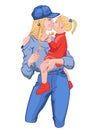 Blond woman in blue blouse, cap and jeans with a lollipop holding and kissing her blonde daughter in red dress, sneakers Royalty Free Stock Photo