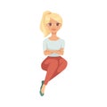 Blond Woman Character with Ponytail in Red Pants in Sitting Pose Vector Illustration