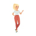 Blond Woman Character with Ponytail in Red Pants in Standing Pose Waving Hand Vector Illustration