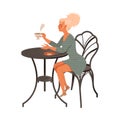 Blond Woman Coffee Lover Sitting at Table Drinking Hot Aromatic Beverage Vector Illustration