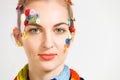 Blond woman with creativity hairstyle with colored buttons and f Royalty Free Stock Photo