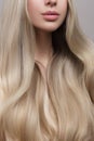 Blond woman on gray background. Hair care and coloring concept. Copycpase Wavy Hairstyle