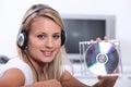 Blond woman listeing to music