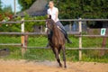 Blond woman with long hair jockey rider on a bay horse, in a paddock on a ranch Royalty Free Stock Photo