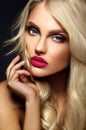 Blond woman model lady with bright makeup and red lips