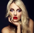 Blond woman model lady with bright makeup and red lips Royalty Free Stock Photo