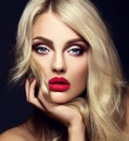 Blond woman model lady with bright makeup and red lips Royalty Free Stock Photo