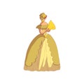 Blond woman in old-fashioned yellow dress and hat. Vector illustration on white background.