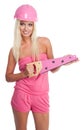 Blond woman with pink saw Royalty Free Stock Photo