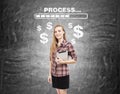 Blond woman, progress bar and dollar signs Royalty Free Stock Photo