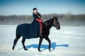 A girl in a long black dress with a dark horse Royalty Free Stock Photo