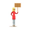 Blond Woman In Red Dress Marching In Protest With Banner, Screaming Angry, Protesting And Demanding Political Freedoms