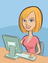 Blond woman sitting behind desktop computer