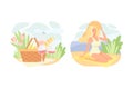 Blond Woman in Straw Hat Sitting on Beach and Picnic Basket with Wine and Tulip Flowers Vector Set