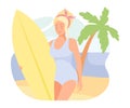 Blond Woman with Surfboard Engaged in Summer Beach Rest Vector Illustration