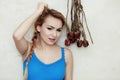 Blond woman teenage girl showing her damaged dry hair Royalty Free Stock Photo
