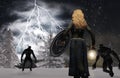 Blond woman Viking warrior with sword and shield fighting two werewolves in winter background Royalty Free Stock Photo