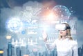 Blond woman in vr glasses in city, graphs Royalty Free Stock Photo