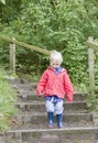 Blond young boy walking down steps