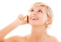 Blond young woman communicates by Royalty Free Stock Photo