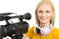 Blond young woman with professional video camcorder, on white Royalty Free Stock Photo