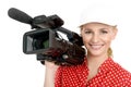 Blond young woman with professional video camcorder, on white Royalty Free Stock Photo