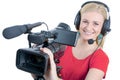 Blond young woman with professional video camcorder, on white Royalty Free Stock Photo