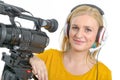 Blond young woman with professional video camcorder, on white Royalty Free Stock Photo