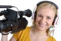 Blond young woman with professional video camcorder, on white Royalty Free Stock Photo