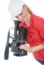 Blond young woman with professional video camcorder, on white Royalty Free Stock Photo