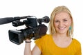 Blond young woman with professional video camcorder, on white Royalty Free Stock Photo