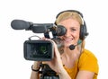 Blond young woman with professional video camcorder, on white Royalty Free Stock Photo