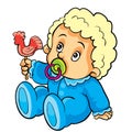 Blonde baby with a pacifier in his mouth holds a lollipop in his hand, cartoon illustration, isolated object on a white background Royalty Free Stock Photo