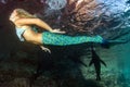 Blonde beautiful Mermaid diver underwater