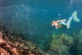 Blonde beautiful Mermaid diver underwater Royalty Free Stock Photo