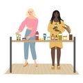 Blonde and black girls choosing bodycare and home products in cosmetics store