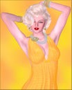 Blonde bombshell on gold glitter background with diamond necklace.