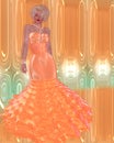 Blonde bombshell in a peach evening gown against a matching abstract background with glowing lights.