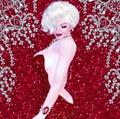 Blonde bombshell on red glitter and diamond background. Royalty Free Stock Photo