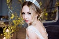 Blonde bride in fashion white wedding dress with makeup Royalty Free Stock Photo