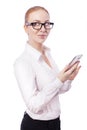 Blonde business woman manager worker in glassess smiles and use