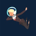 Blonde Businesswoman in Astronaut Helmet Flying in Outer Space, Business Development Strategy, Leadership Vector