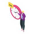 Blonde businesswoman with clipboard pointing at large clock with 24h sign. Time management and punctuality concept Royalty Free Stock Photo