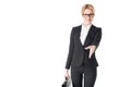 Blonde businesswoman holding briefcase reaching out for a handshake Royalty Free Stock Photo