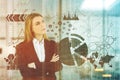 Blonde businesswoman, office, graphs toned Royalty Free Stock Photo