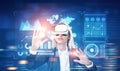 Blonde businesswoman in vr glasses, city, graphs Royalty Free Stock Photo