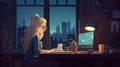 blonde caucasian girl using computer sitting at working table with her cat, neural network generated cartoon style