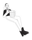 Blonde caucasian woman eating popcorn black and white 2D line cartoon character