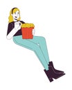 Blonde caucasian woman eating popcorn 2D linear cartoon character