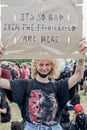 UK, London, 3/6/2020 - A blonde caucasian woman holding a placard at a black lives matter protest in Hyde Park, London